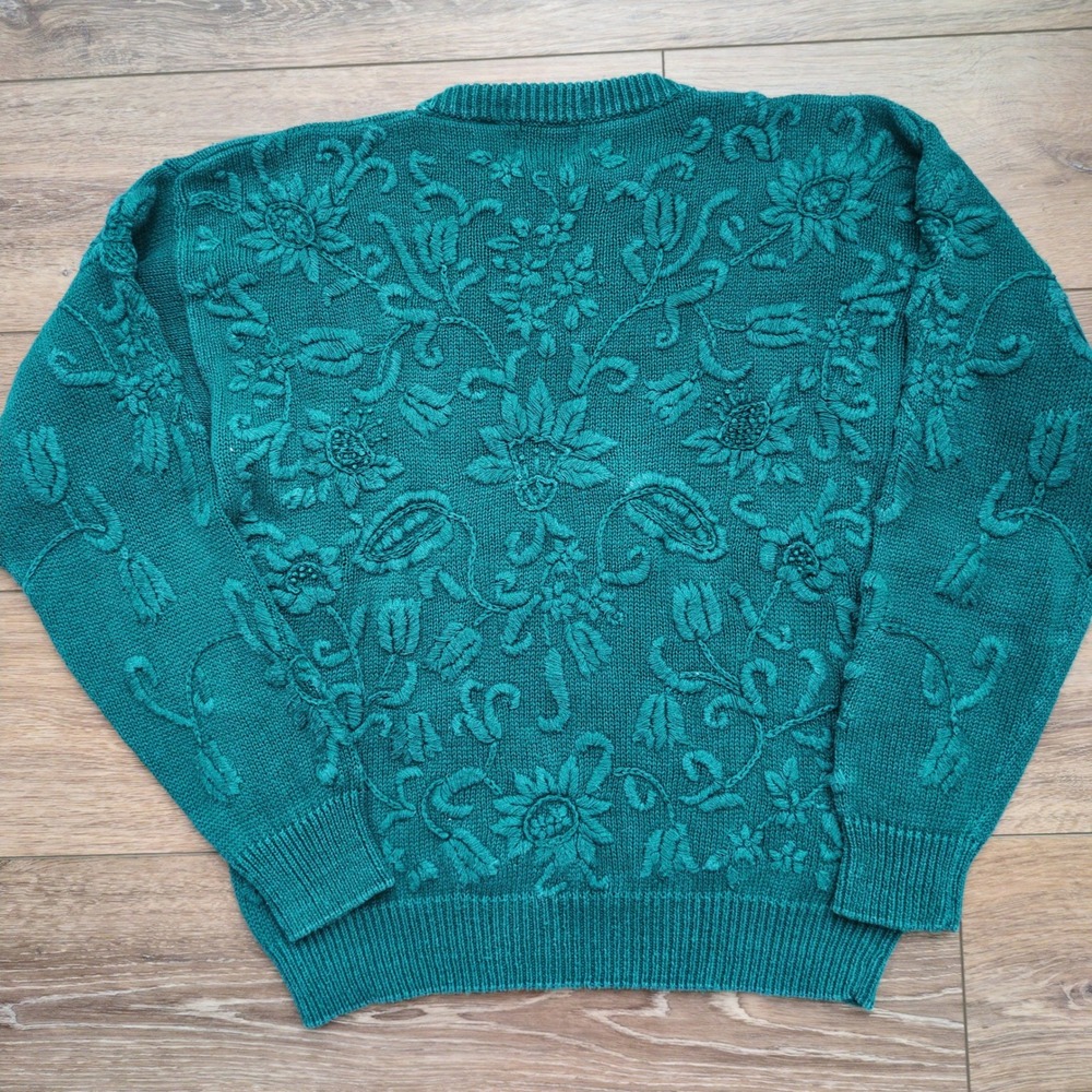 Cape Isle Knitters Floral Embroidered Sweater Teal Green Textured Chunky Cotton - Picture 8 of 8